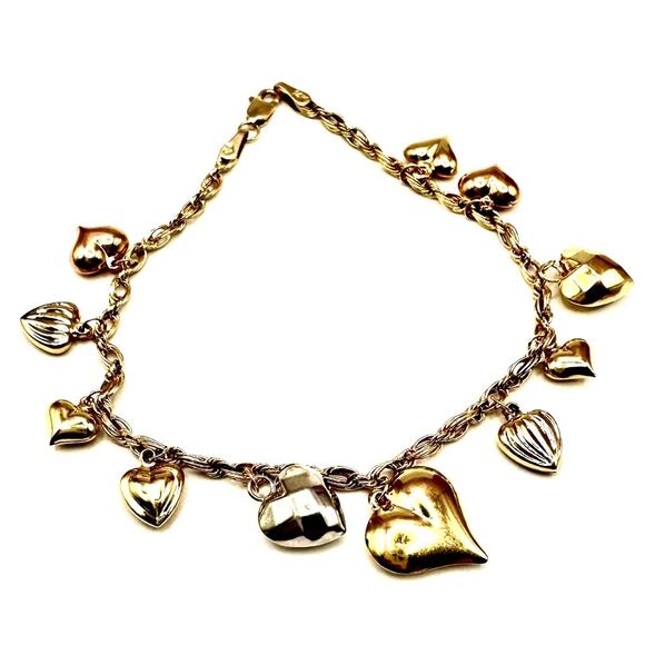 14K TriColor Gold Women's Bracelet With Hollow Hearts Charms 7"